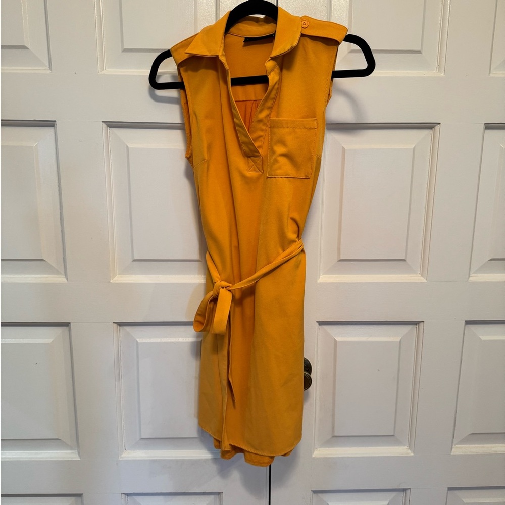 Mustard Yellow Sleeveless Belted Dress